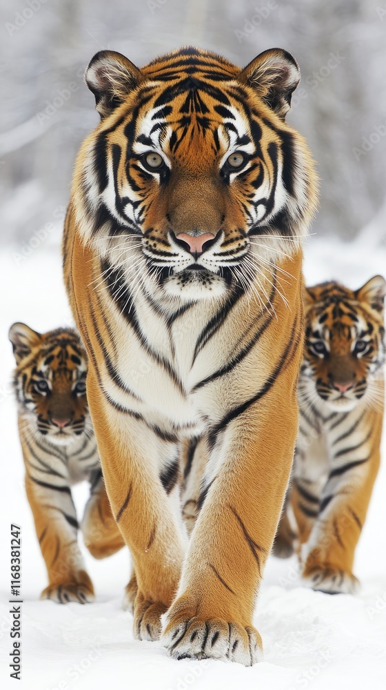 Naklejka premium A majestic tiger and her cubs walking through a snowy landscape.