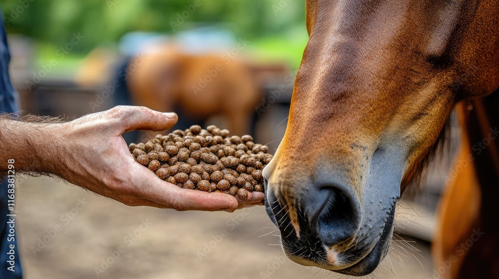 Obraz premium A person feeding horse pellets to a horse in a farm setting.