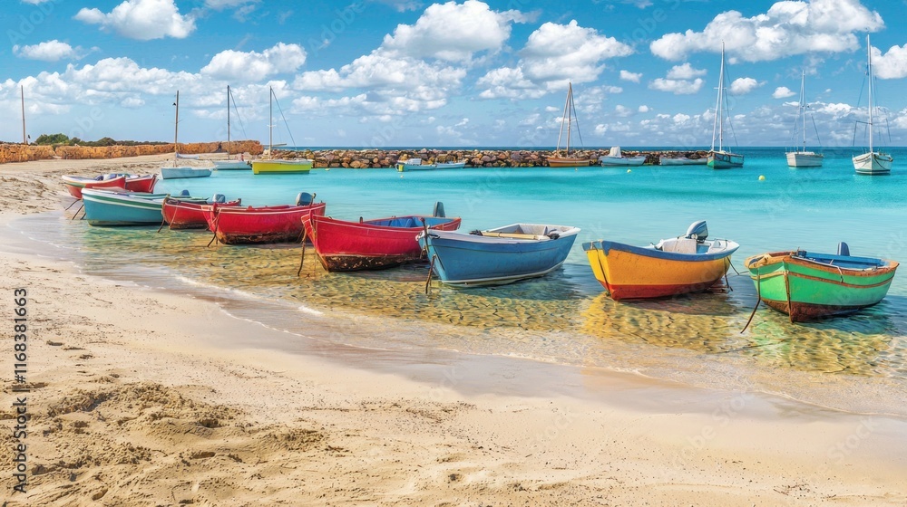 Colorful boats lined up on a sandy beach under a blue sky. Colorful boats lined up on a sandy beach under a blue sky.