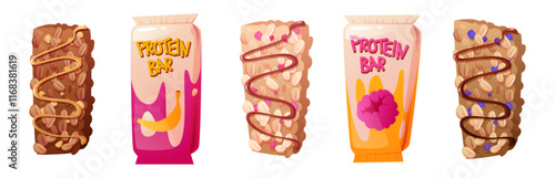 Protein bars set isolated on white background. Vector cartoon illustration of sweet cereal snack with dried fruits, honey, chocolate and caramel topping, raspberry and banana on wrapping, healthy food