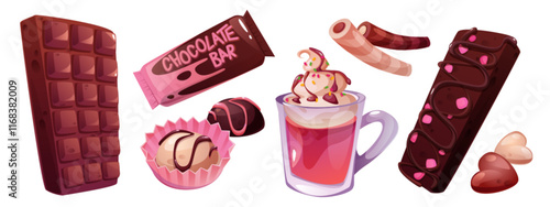 Chocolate bar and cup of hot sweet drink isolated on white background. Vector cartoon illustration of bitter dark, milk and white cacao dessert, heart shape candies in paper wrapping, cafe banner