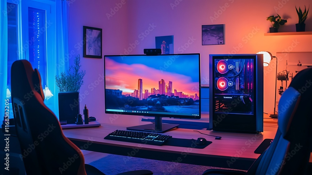 Modern gaming setup with cityscape on monitor, RGB lighting, and comfortable chairs. Modern gaming setup with cityscape on monitor, RGB lighting, and comfortable chairs.