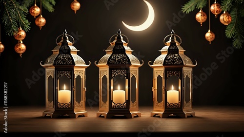 Three ornate gold lanterns with lit candles sit on a wooden surface under a crescent moon, adorned with festive ornaments and evergreen branches. photo