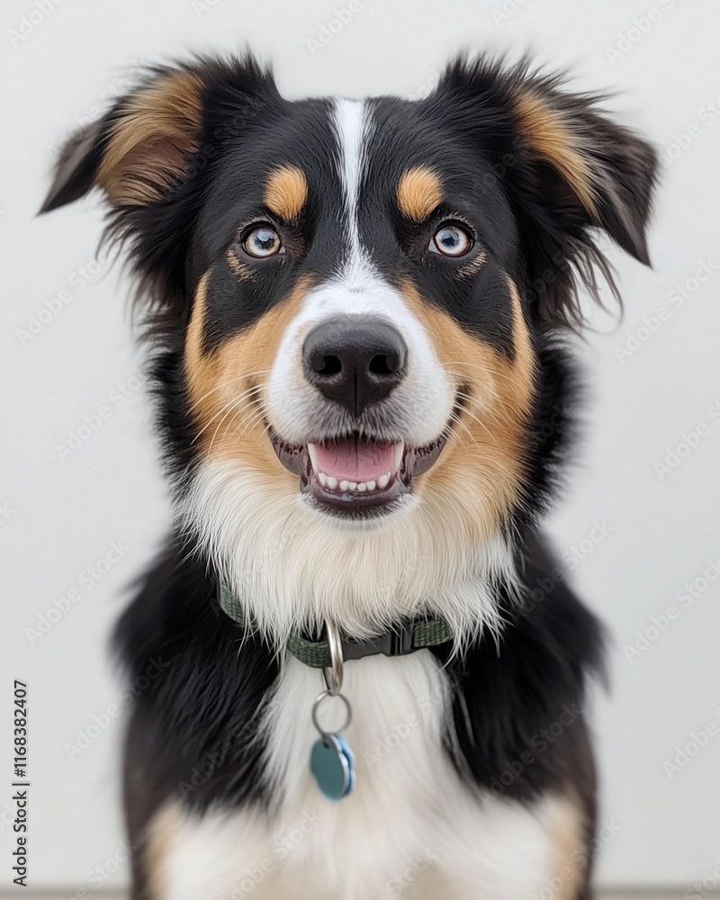 Fototapeta premium Smiling Australian Shepherd dog with collar on white background.