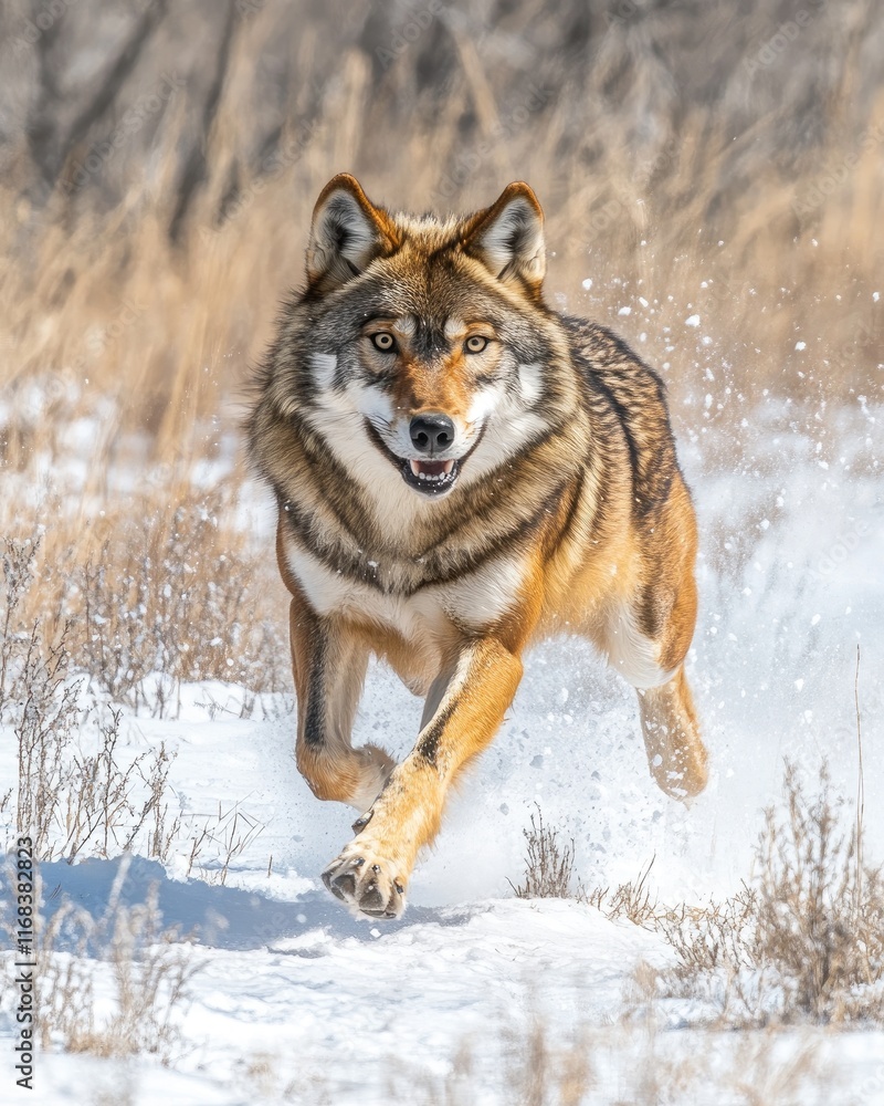 Fototapeta premium A coyote running through snow-covered terrain, showcasing its agility and natural habitat.