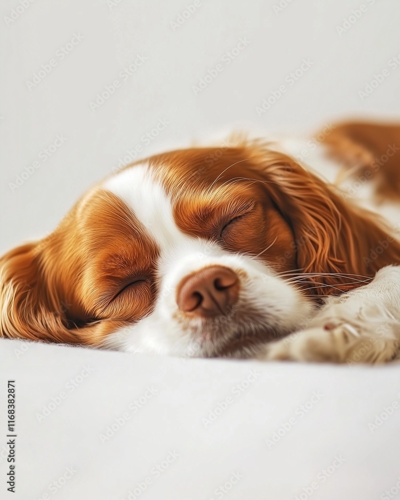 Sleeping Cavalier King Charles Spaniel on white surface. Sleeping Cavalier King Charles Spaniel on white surface.
