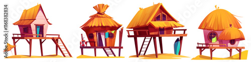 Tropical beach hut collection - wooden bungalows with orange straw roofs, raised platforms, wood stairs, surfboards leaning against walls and colorful curtains. Cartoon seaside resort hotel cottages.