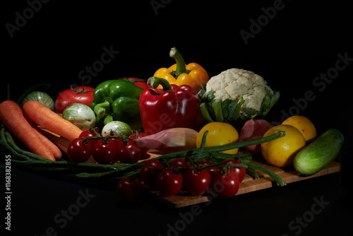 Fresh vegetables for cooking or eating raw photographed against a dark background