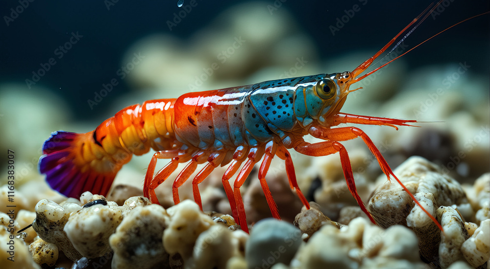 Close-Up of Vibrant Shrimp on Coral Reef Underwater Close-Up of Vibrant Shrimp on Coral Reef Underwater