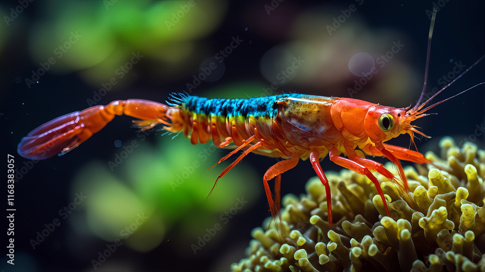 Close-Up of Vibrant Shrimp on Coral Reef Underwater Close-Up of Vibrant Shrimp on Coral Reef Underwater
