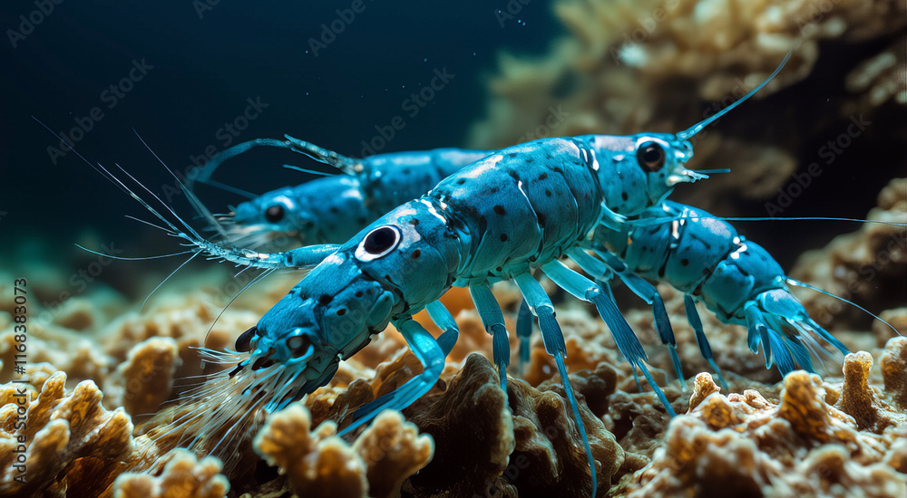 Pair of Vibrant Blue Shrimps on Coral Reef Underwater Pair of Vibrant Blue Shrimps on Coral Reef Underwater