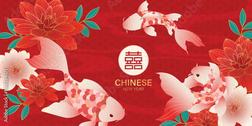 Chinese New Year background vector. Chinese and Japanese wallpaper pattern design of elegant koi fish, peony flower. Design illustration for decoration, wall decor, banner, website, ads.