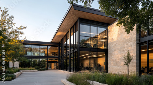 Wallpaper Mural Modern office building with large glass windows and natural surroundings, showcasing blend of architecture and nature. design emphasizes openness and light Torontodigital.ca