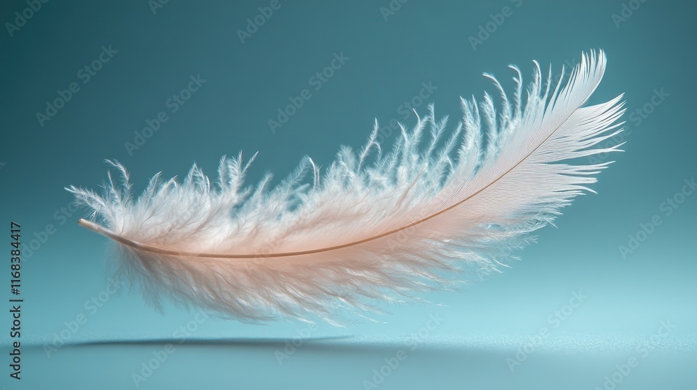 Fototapeta premium Delicate White Feather Floating Against Light Blue Background