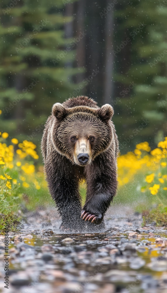 Fototapeta premium A bear walking through a stream surrounded by vibrant flowers in a lush forest setting.