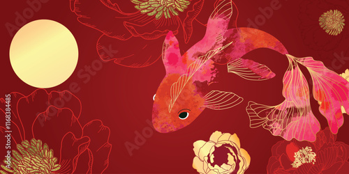 Chinese New Year background vector. Chinese and Japanese wallpaper pattern design of elegant watercolor koi fish, peony flower. Design illustration for decoration, wall decor, banner, website, ads.