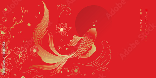 Chinese New Year background vector. Chinese and Japanese wallpaper pattern design of elegant koi fish, flower. Design illustration for decoration, wall decor, banner, website, ads.
