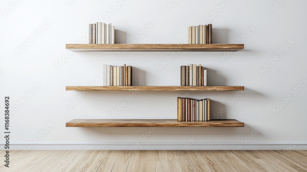 Three wooden shelves with books against a white wall. Three wooden shelves with books against a white wall.