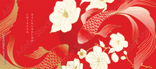 Chinese New Year background vector. Chinese and Japanese wallpaper pattern design of elegant koi fish, flower. Design illustration for decoration, wall decor, banner, website, ads.