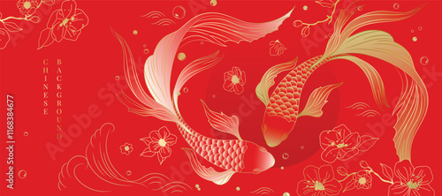 Chinese New Year background vector. Chinese and Japanese wallpaper pattern design of elegant koi fish, flower. Design illustration for decoration, wall decor, banner, website, ads.