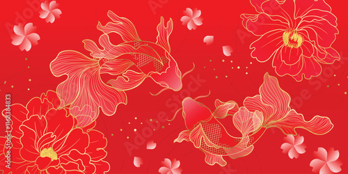 Chinese New Year background vector. Chinese and Japanese wallpaper pattern design of elegant koi fish, flower. Design illustration for decoration, wall decor, banner, website, ads.