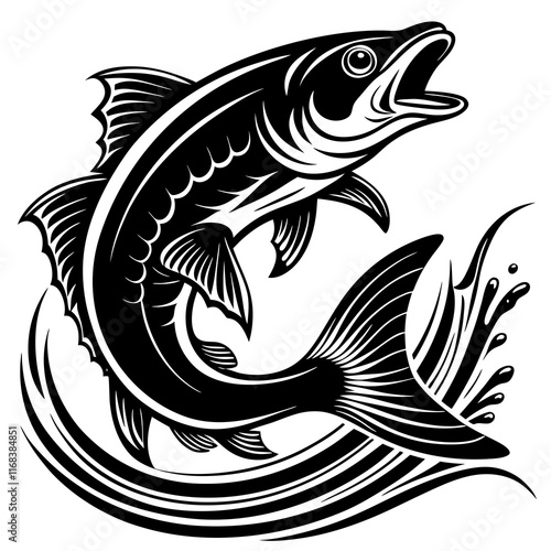 Dynamic Jumping Fish with Splashing Water - Engraved Style Vector Illustration

