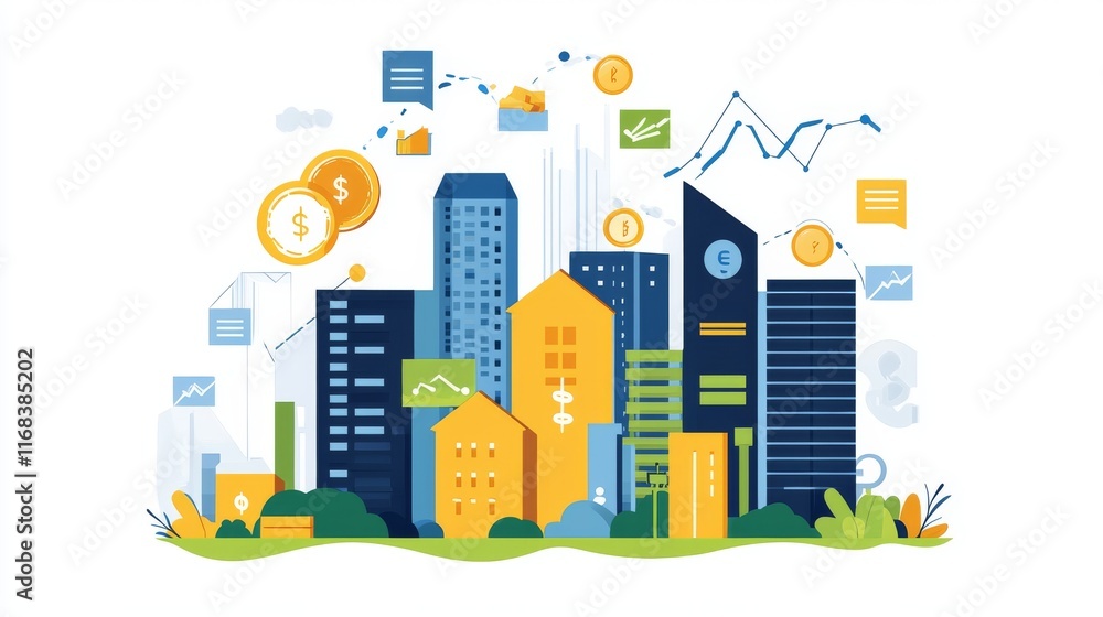 Naklejka premium Abstract business background featuring skyscrapers, financial graphs, and digital elements symbolizing commerce, corporate growth, and modern economic strategies.