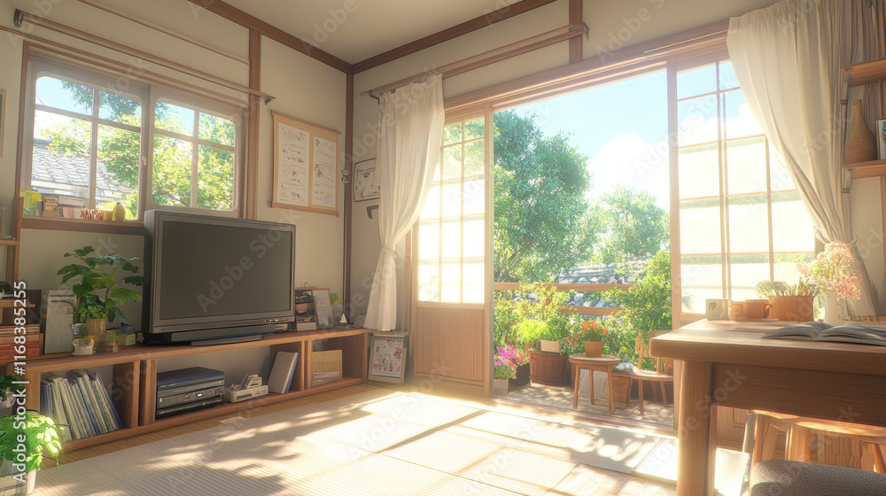 bright and airy living room with large windows, showcasing beautiful garden view. space features television, plants, and wooden furniture, creating cozy atmosphere bright and airy living room with large windows, showcasing beautiful garden view. space features television, plants, and wooden furniture, creating cozy atmosphere