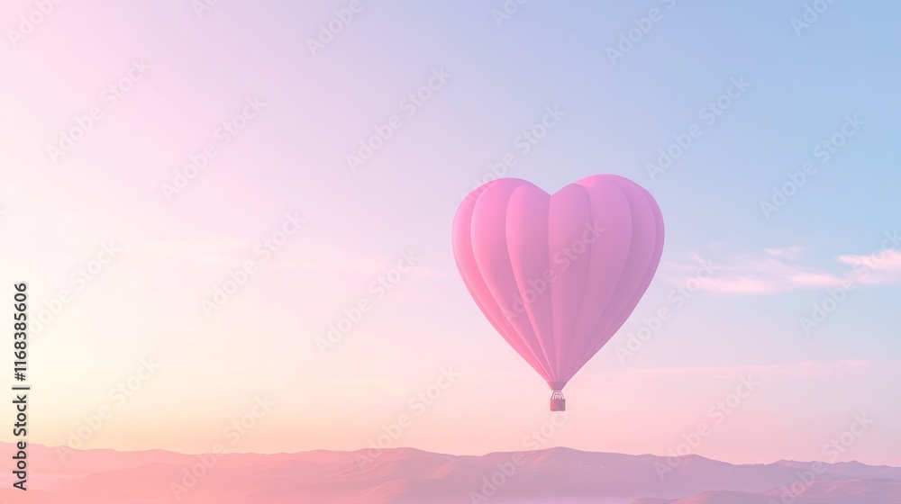 Fototapeta premium Love Above the Hills: Heart-Shaped Hot Air Balloon at Sunrise