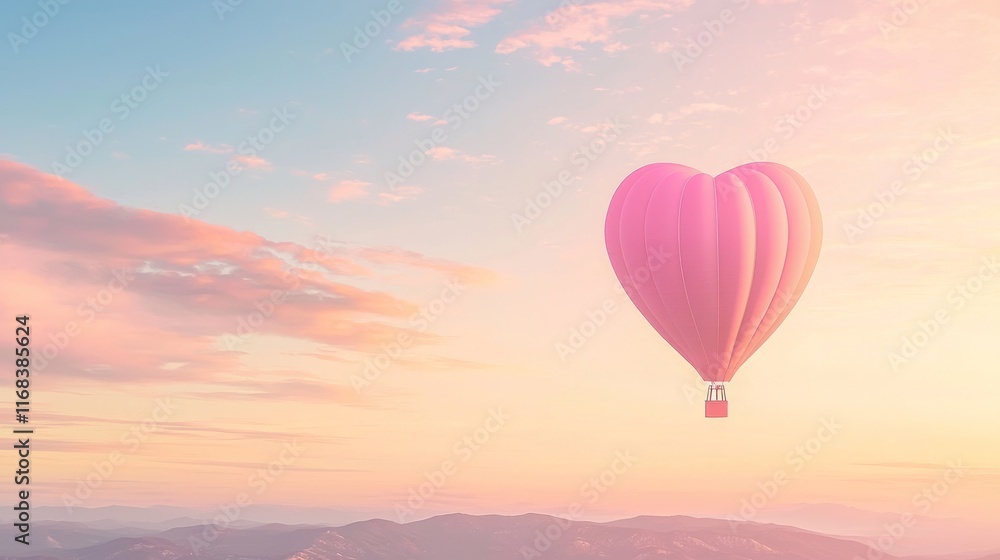 Obraz premium Romance in the Skies: Heart-Shaped Hot Air Balloon Drifting over Pastel Sunrise Hills - Cinematic Valentine Artwork