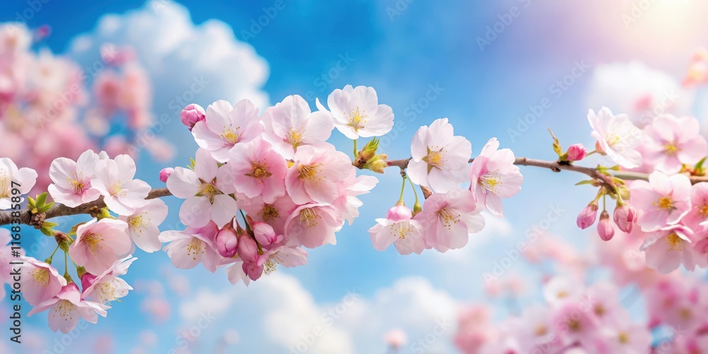 Soft pink cherry blossoms unfolding in a delicate dance against a pale blue sky with few fluffy white clouds, serene landscape, gentle blooms Soft pink cherry blossoms unfolding in a delicate dance against a pale blue sky with few fluffy white clouds, serene landscape, gentle blooms