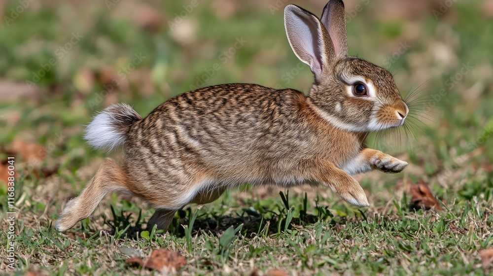 Fototapeta premium A rabbit gracefully leaps across a grassy field, showcasing its agility and natural beauty.