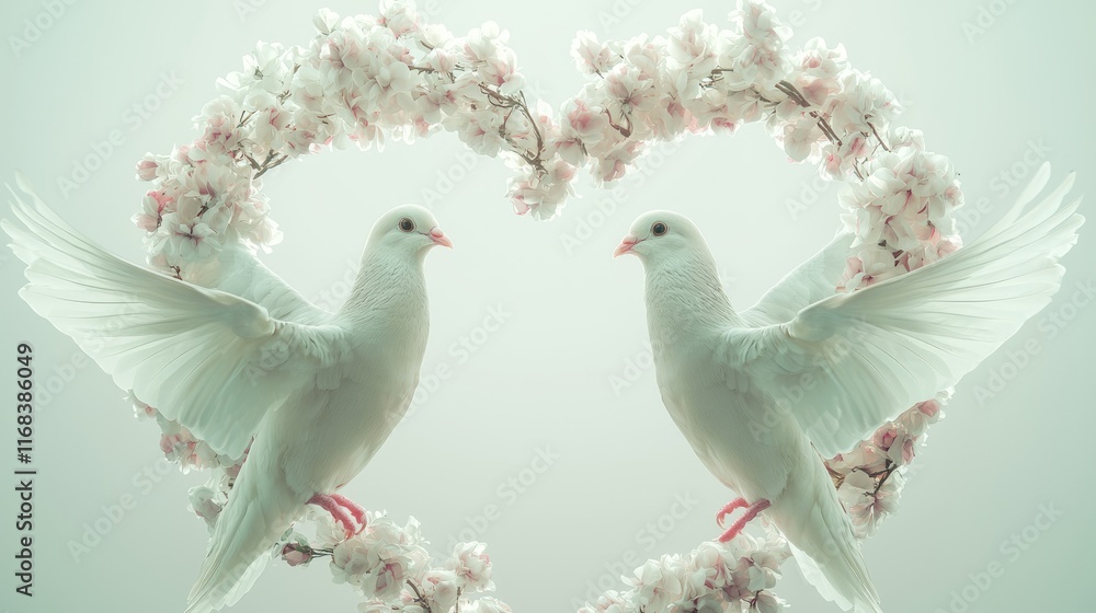 Lovebirds Embracing: Romantic Doves Creating Heart Shape with Floral Frame in Vintage Cinematic Style - Valentine's Day Concept Lovebirds Embracing: Romantic Doves Creating Heart Shape with Floral Frame in Vintage Cinematic Style - Valentine's Day Concept