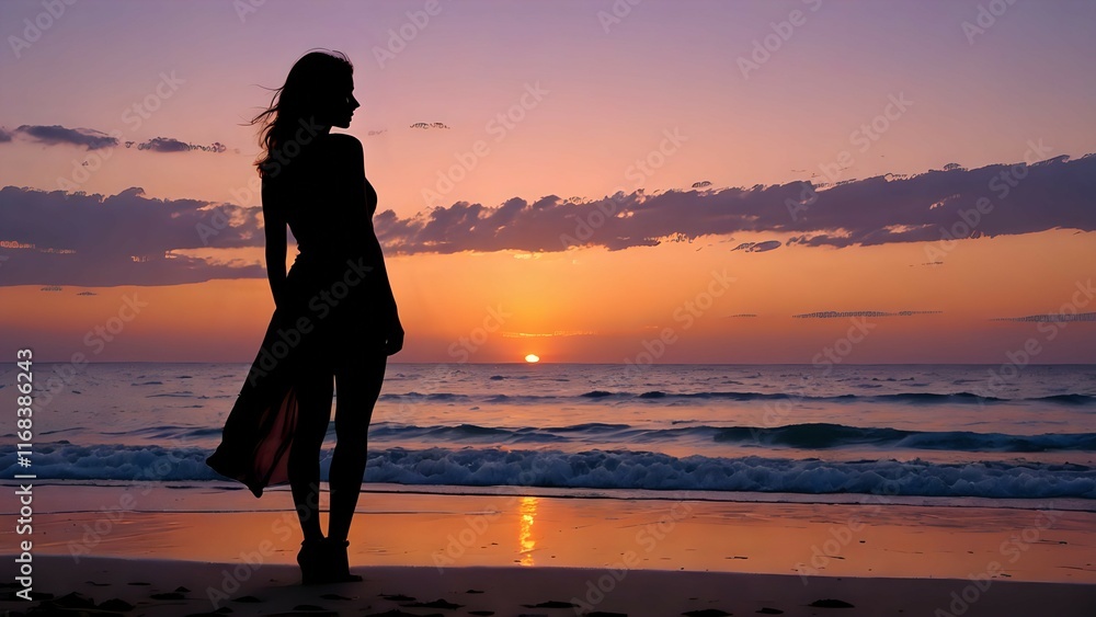 Silhouetted woman on beach at sunset, ocean waves, peaceful serene scene. Silhouetted woman on beach at sunset, ocean waves, peaceful serene scene.