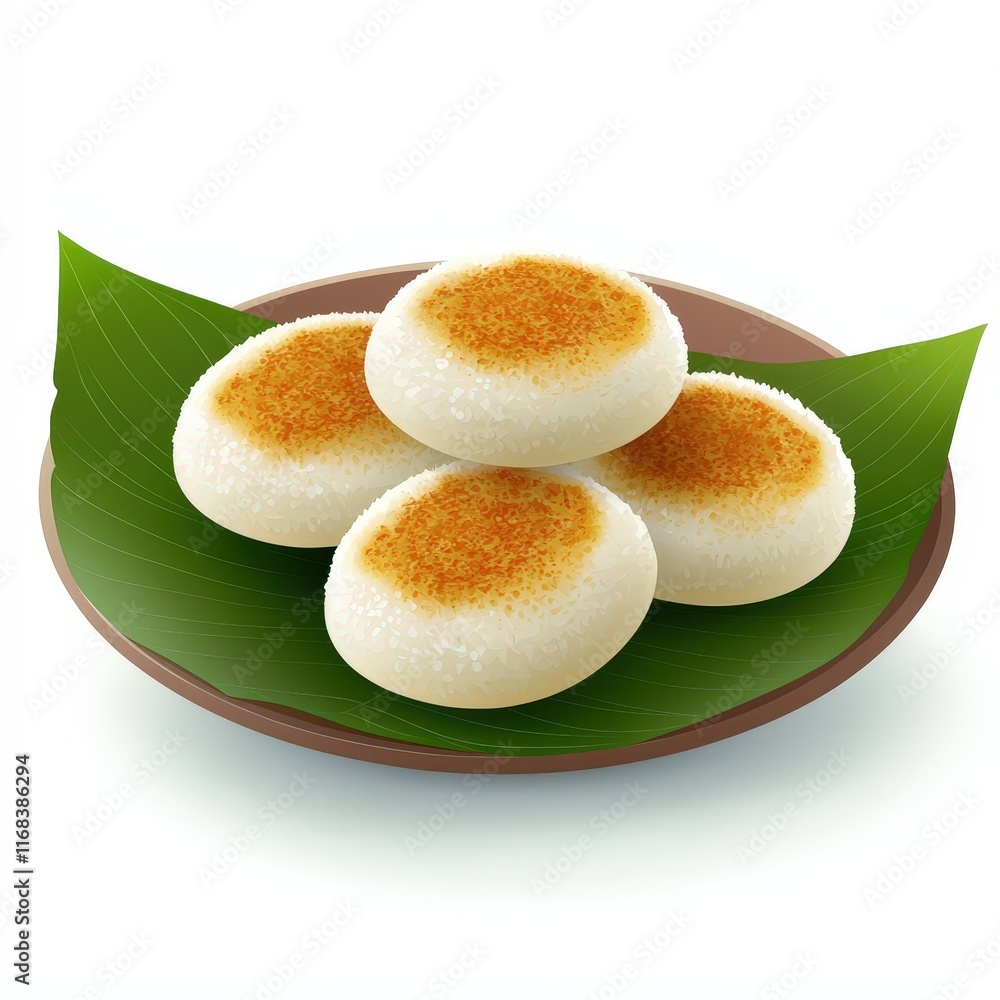 a Thai coconut pancake (Kanom Krok), traditional street dessert, cartoon illustration, neutral tones, isolated on white background a Thai coconut pancake (Kanom Krok), traditional street dessert, cartoon illustration, neutral tones, isolated on white background