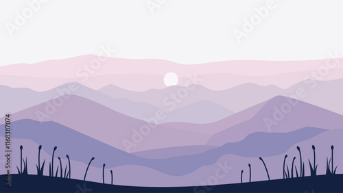 Flat Design Illustration of Mountain Hill Nature Landscape with Plant and Sun in the Morning