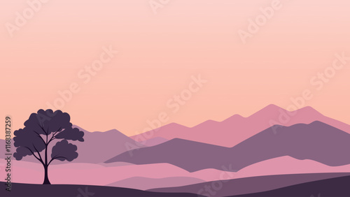 Flat Design Illustration of Mountain Hill Nature Landscape with Tree in the Morning