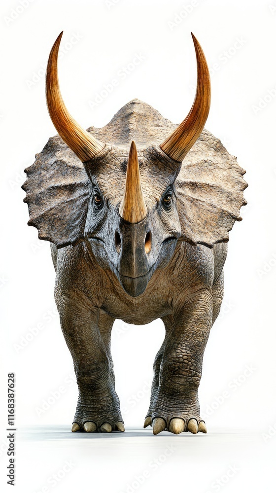 Fototapeta premium A realistic depiction of a Triceratops facing forward, showcasing its distinctive horns and features.