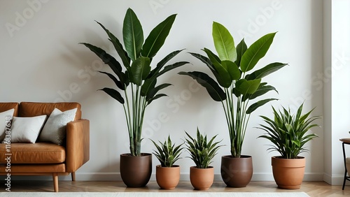 Wallpaper Mural Stylish living room interior with large potted plants, adding a touch of nature to modern home decor.  Brown leather sofa and neutral tones create a calm atmosphere. Torontodigital.ca