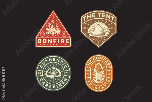 campfire, dome camping tent, compass with key chain, carabiner D shape, bonfire, navigation retro badge logo vector design collection set for adventure, explorer, mountaineer, hiker and climber