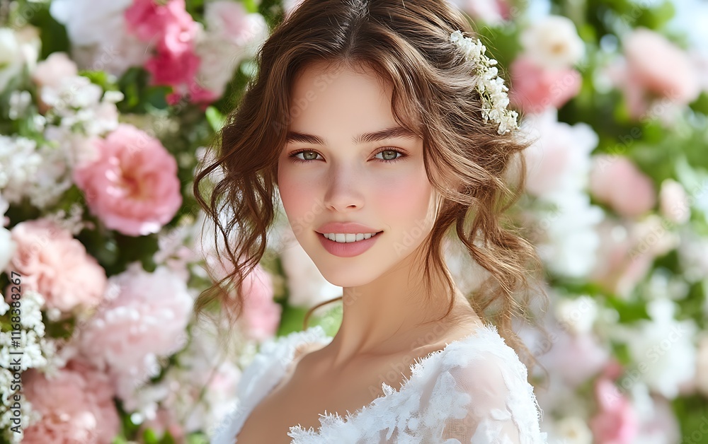 Fototapeta premium Beautiful bride with floral hairstyle and makeup, smiling.