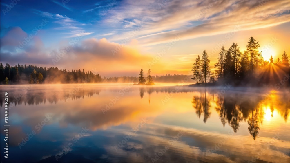Mysterious glowing mist rises from the surface of a serene lake at dawn , dawn, serenity, dawn, serenity Mysterious glowing mist rises from the surface of a serene lake at dawn , dawn, serenity, dawn, serenity