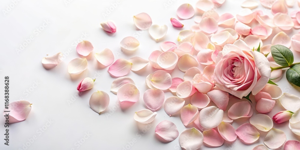 Obraz premium Soft pastel pink rose petals scattered on a white background with a few stems and leaves , elegance, gentle, elegance, gentle