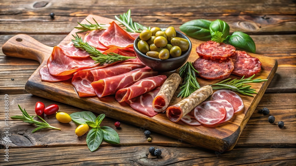 Italian cured meats arranged on a rustic wooden cutting board with fresh herbs and olives, herb garnish, italian ham salami herbs olives Italian cured meats arranged on a rustic wooden cutting board with fresh herbs and olives, herb garnish, italian ham salami herbs olives