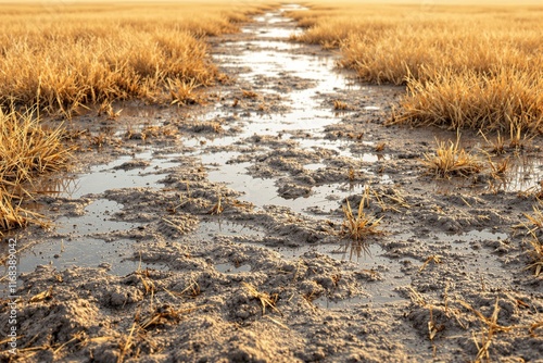 Pathway through muddy wetland with golden dried grass under soft sunlight.