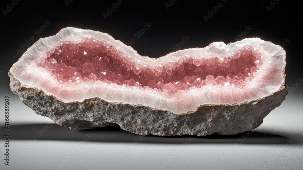 A pink geode showcasing sparkling crystals within a rock formation. A pink geode showcasing sparkling crystals within a rock formation.