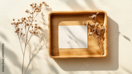 Minimal business brand template with blank paper sheet cards, wooden tray, casket, and dry flowers on beige background with sunlight shadow – flat lay, top view


 photo