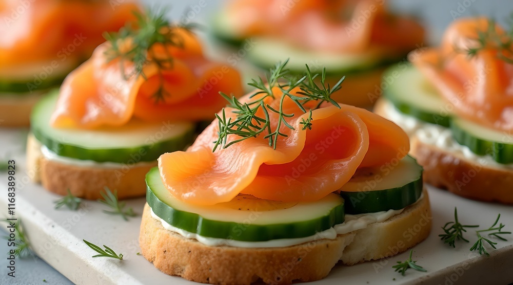Sandwich with smoked salmon and cucumber, garnished with dill. Sandwich with smoked salmon and cucumber, garnished with dill.