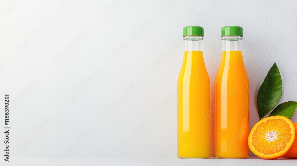Two bottles of orange juice with a fresh orange slice and leaves. Two bottles of orange juice with a fresh orange slice and leaves.