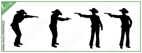 Cowboy silhouette shooting with gun. Action, Sport. Different poses. Illustration.